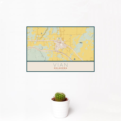 12x18 Vian Oklahoma Map Print Landscape Orientation in Woodblock Style With Small Cactus Plant in White Planter