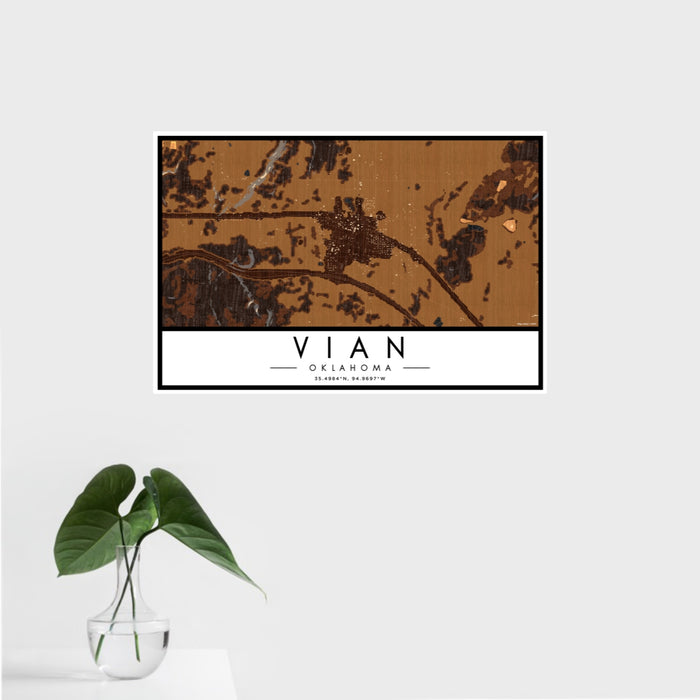 16x24 Vian Oklahoma Map Print Landscape Orientation in Ember Style With Tropical Plant Leaves in Water