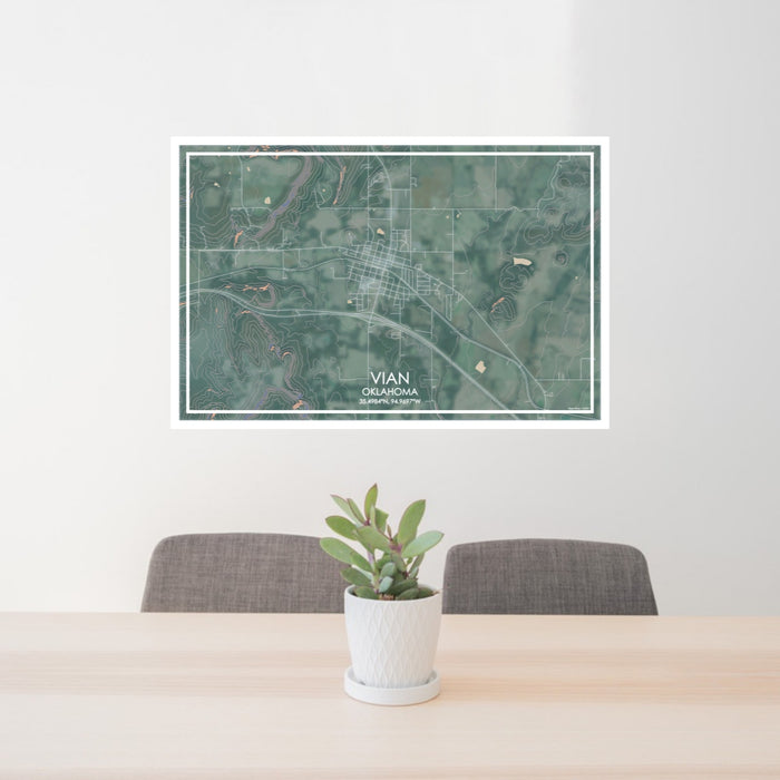 24x36 Vian Oklahoma Map Print Lanscape Orientation in Afternoon Style Behind 2 Chairs Table and Potted Plant