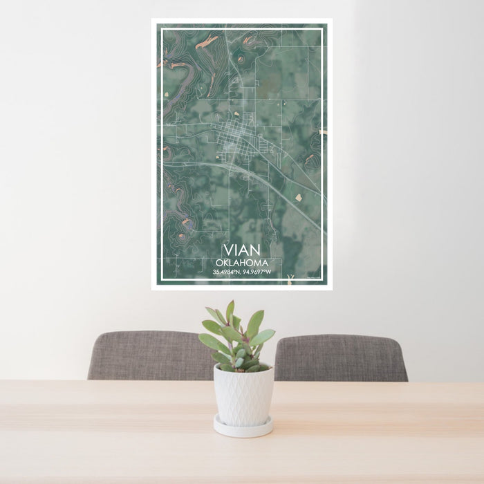 24x36 Vian Oklahoma Map Print Portrait Orientation in Afternoon Style Behind 2 Chairs Table and Potted Plant