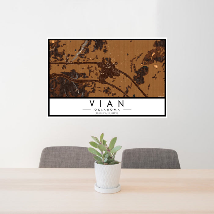 24x36 Vian Oklahoma Map Print Lanscape Orientation in Ember Style Behind 2 Chairs Table and Potted Plant