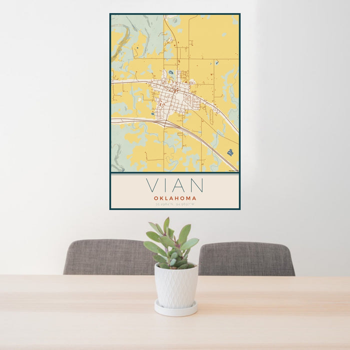 24x36 Vian Oklahoma Map Print Portrait Orientation in Woodblock Style Behind 2 Chairs Table and Potted Plant