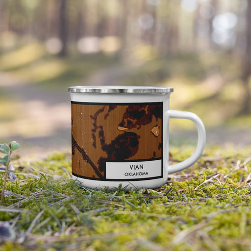 Right View Custom Vian Oklahoma Map Enamel Mug in Ember on Grass With Trees in Background
