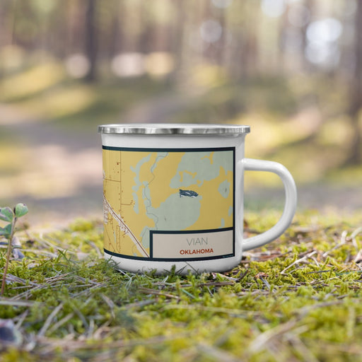 Right View Custom Vian Oklahoma Map Enamel Mug in Woodblock on Grass With Trees in Background