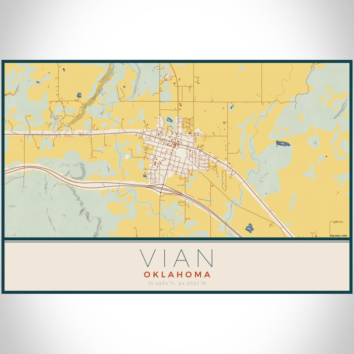 Vian Oklahoma Map Print Landscape Orientation in Woodblock Style With Shaded Background