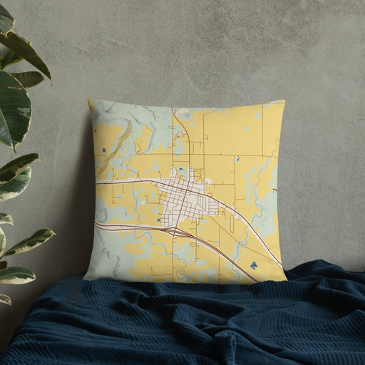 Custom Vian Oklahoma Map Throw Pillow in Woodblock on Bedding Against Wall