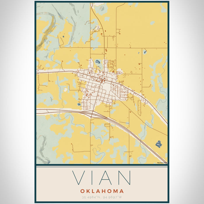 Vian Oklahoma Map Print Portrait Orientation in Woodblock Style With Shaded Background