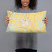 Person holding 20x12 Custom Vian Oklahoma Map Throw Pillow in Woodblock