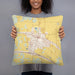 Person holding 18x18 Custom Vian Oklahoma Map Throw Pillow in Woodblock