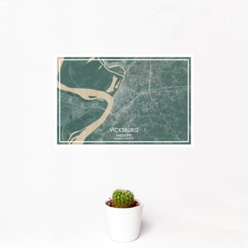 12x18 Vicksburg Mississippi Map Print Landscape Orientation in Afternoon Style With Small Cactus Plant in White Planter