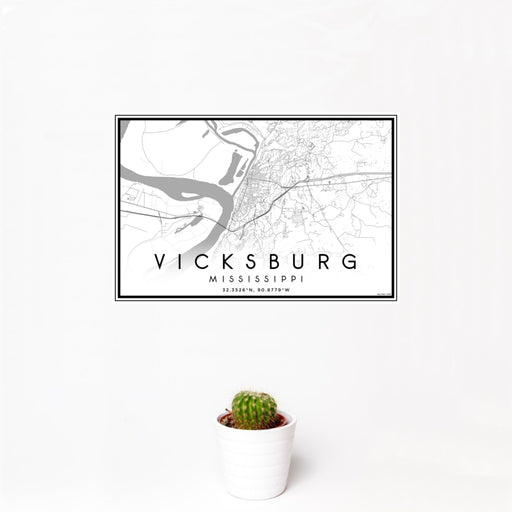 12x18 Vicksburg Mississippi Map Print Landscape Orientation in Classic Style With Small Cactus Plant in White Planter