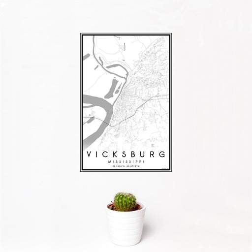 12x18 Vicksburg Mississippi Map Print Portrait Orientation in Classic Style With Small Cactus Plant in White Planter