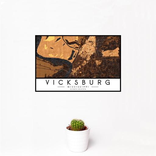 12x18 Vicksburg Mississippi Map Print Landscape Orientation in Ember Style With Small Cactus Plant in White Planter