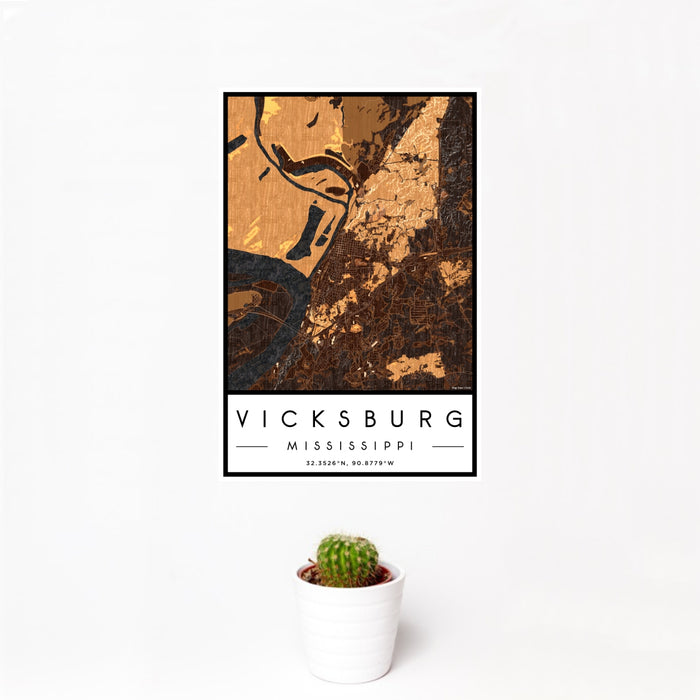 12x18 Vicksburg Mississippi Map Print Portrait Orientation in Ember Style With Small Cactus Plant in White Planter