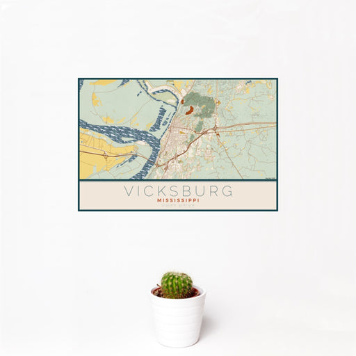 12x18 Vicksburg Mississippi Map Print Landscape Orientation in Woodblock Style With Small Cactus Plant in White Planter