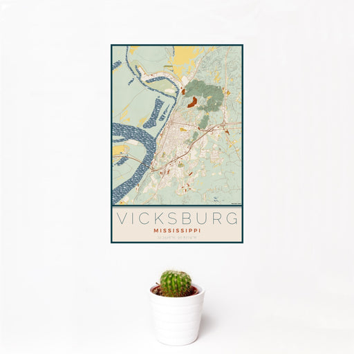 12x18 Vicksburg Mississippi Map Print Portrait Orientation in Woodblock Style With Small Cactus Plant in White Planter