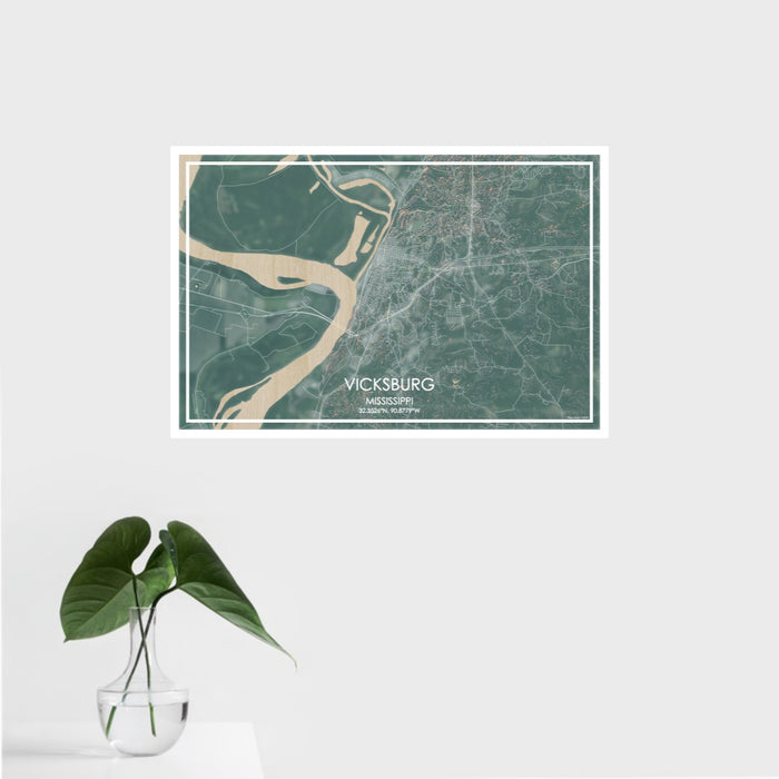 16x24 Vicksburg Mississippi Map Print Landscape Orientation in Afternoon Style With Tropical Plant Leaves in Water