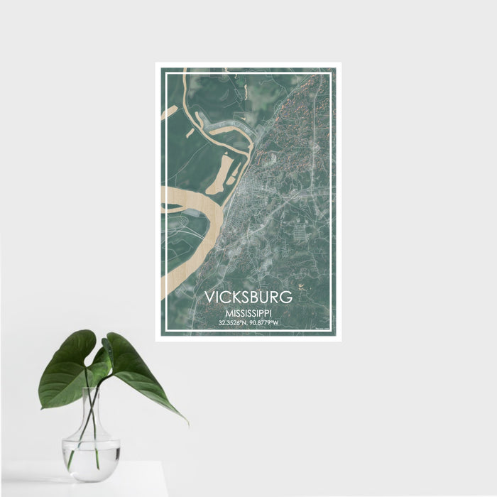 16x24 Vicksburg Mississippi Map Print Portrait Orientation in Afternoon Style With Tropical Plant Leaves in Water