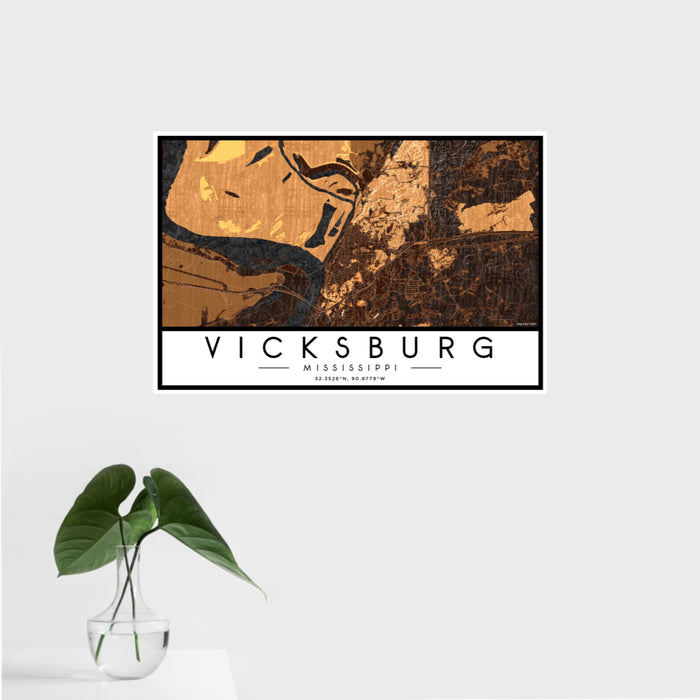 16x24 Vicksburg Mississippi Map Print Landscape Orientation in Ember Style With Tropical Plant Leaves in Water