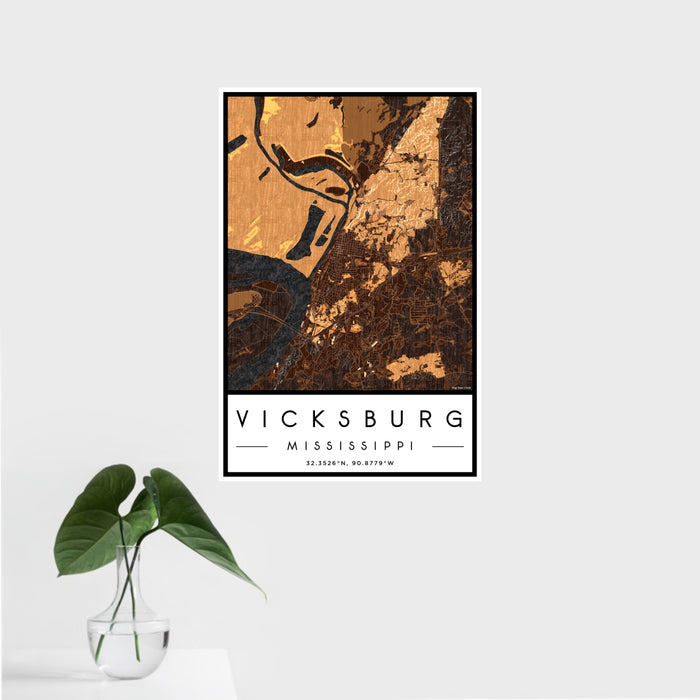 16x24 Vicksburg Mississippi Map Print Portrait Orientation in Ember Style With Tropical Plant Leaves in Water