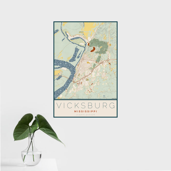 16x24 Vicksburg Mississippi Map Print Portrait Orientation in Woodblock Style With Tropical Plant Leaves in Water