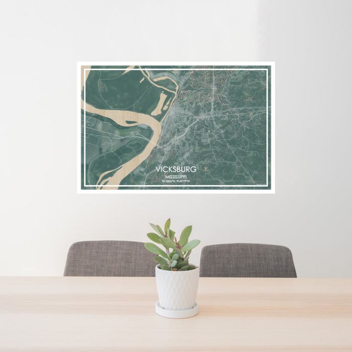24x36 Vicksburg Mississippi Map Print Lanscape Orientation in Afternoon Style Behind 2 Chairs Table and Potted Plant