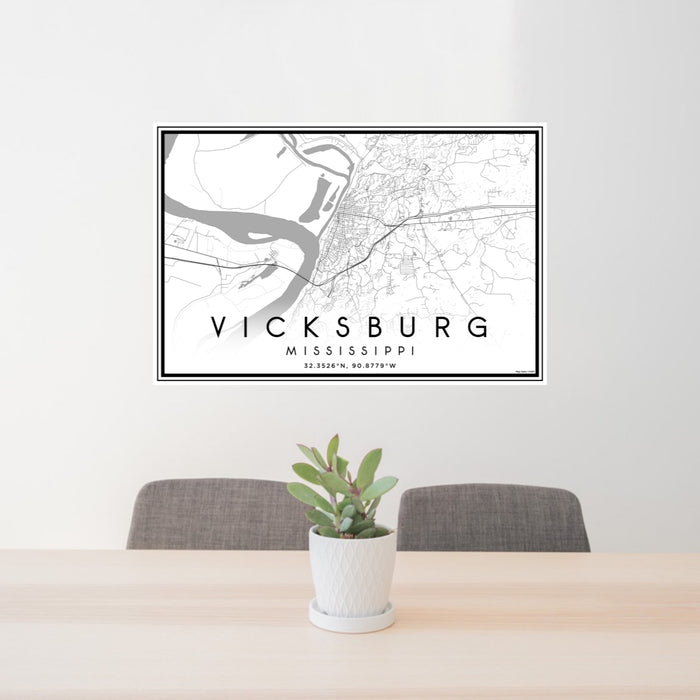 24x36 Vicksburg Mississippi Map Print Lanscape Orientation in Classic Style Behind 2 Chairs Table and Potted Plant