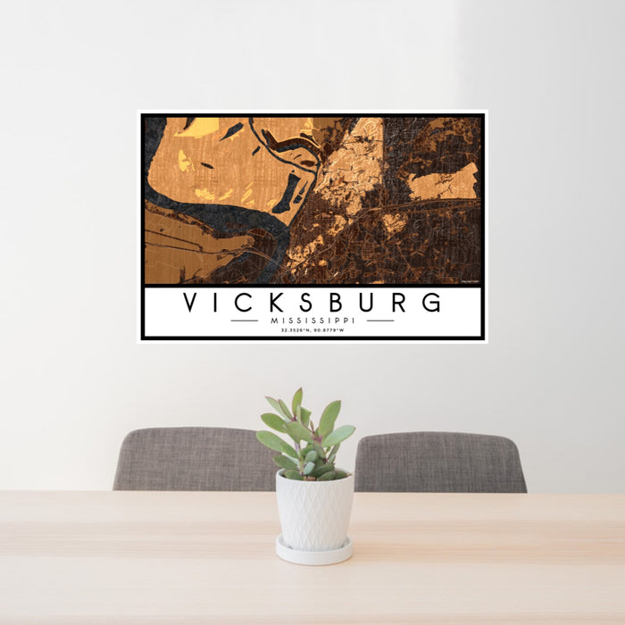 24x36 Vicksburg Mississippi Map Print Lanscape Orientation in Ember Style Behind 2 Chairs Table and Potted Plant