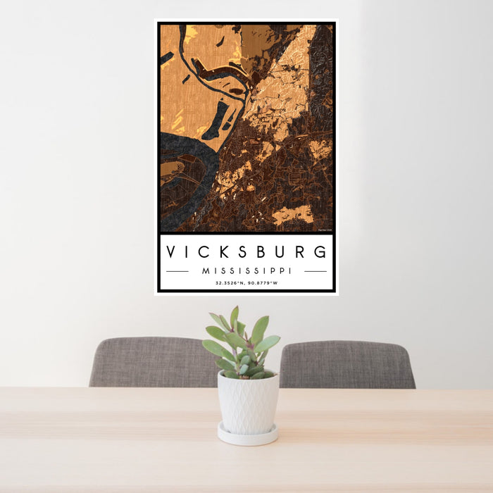 24x36 Vicksburg Mississippi Map Print Portrait Orientation in Ember Style Behind 2 Chairs Table and Potted Plant