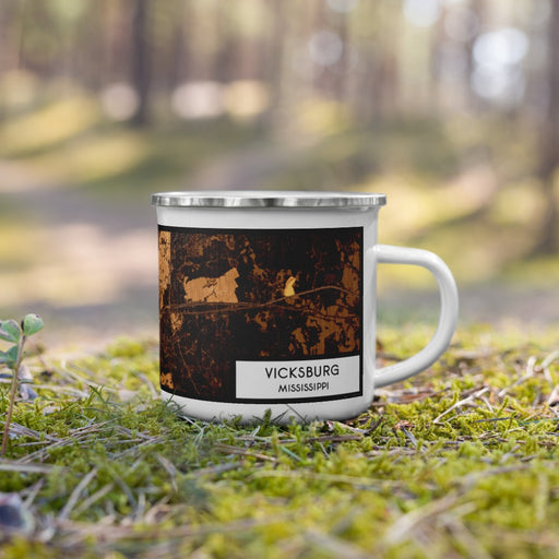 Right View Custom Vicksburg Mississippi Map Enamel Mug in Ember on Grass With Trees in Background