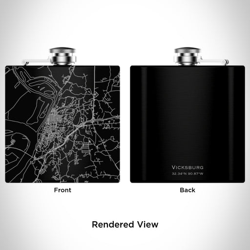 Rendered View of Vicksburg Mississippi Map Engraving on 6oz Stainless Steel Flask in Black