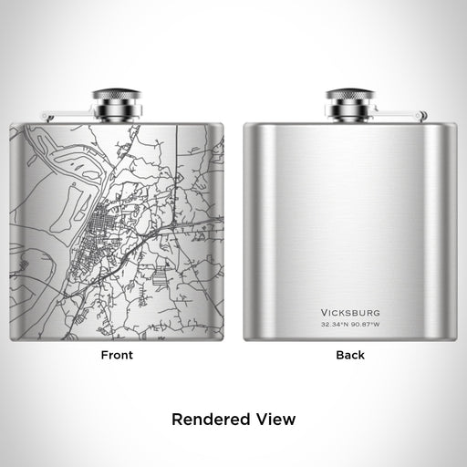 Rendered View of Vicksburg Mississippi Map Engraving on 6oz Stainless Steel Flask