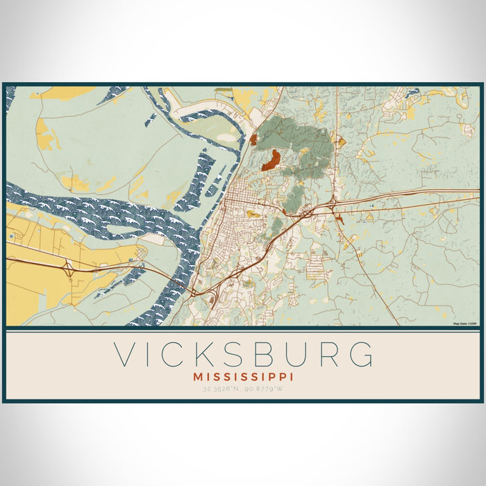 Vicksburg Mississippi Map Print Landscape Orientation in Woodblock Style With Shaded Background