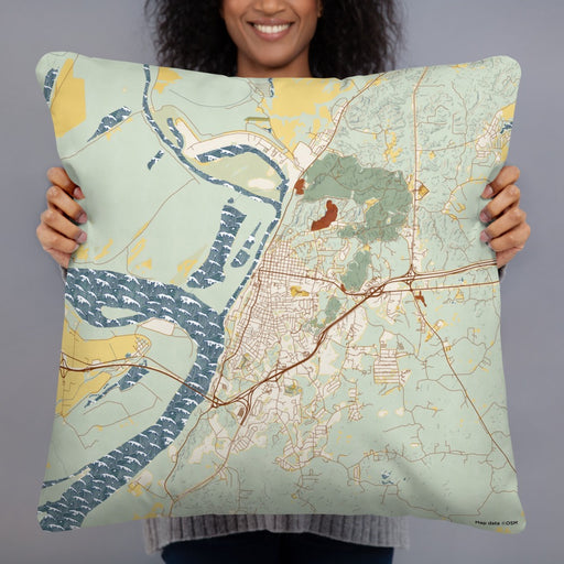 Person holding 22x22 Custom Vicksburg Mississippi Map Throw Pillow in Woodblock