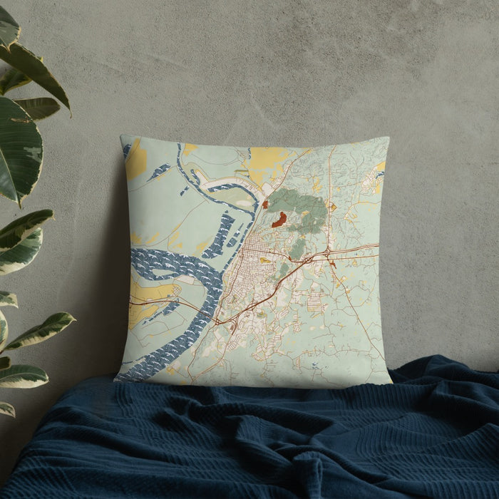 Custom Vicksburg Mississippi Map Throw Pillow in Woodblock on Bedding Against Wall