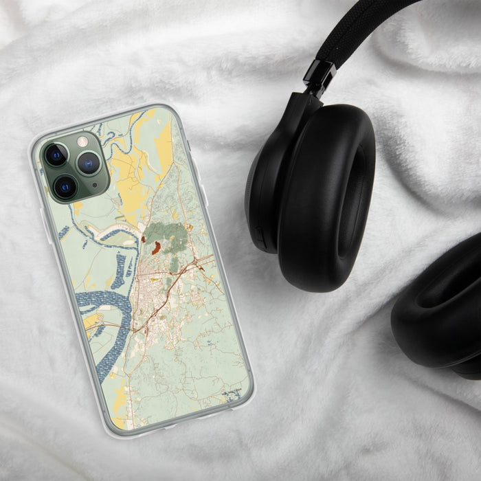 Custom Vicksburg Mississippi Map Phone Case in Woodblock on Table with Black Headphones