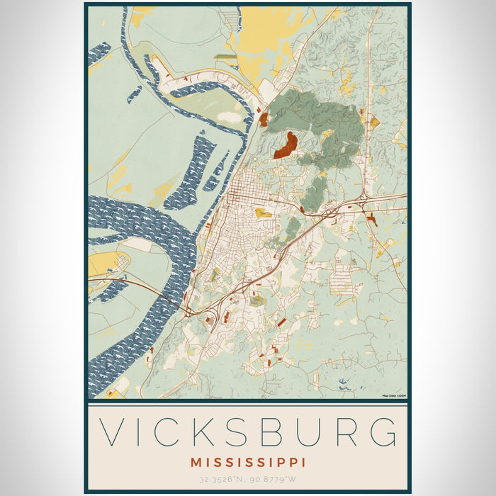 Vicksburg Mississippi Map Print Portrait Orientation in Woodblock Style With Shaded Background