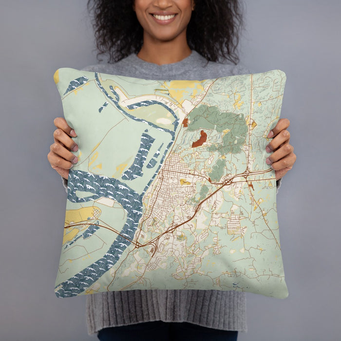 Person holding 18x18 Custom Vicksburg Mississippi Map Throw Pillow in Woodblock