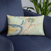 Custom Vicksburg Mississippi Map Throw Pillow in Woodblock on Blue Colored Chair