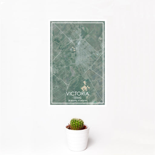 12x18 Victoria Texas Map Print Portrait Orientation in Afternoon Style With Small Cactus Plant in White Planter