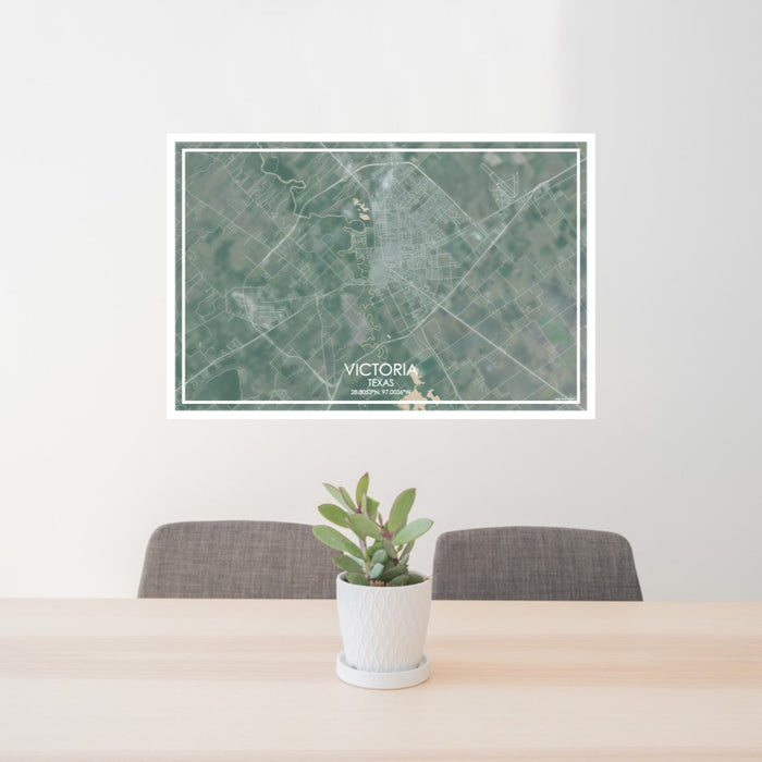 24x36 Victoria Texas Map Print Lanscape Orientation in Afternoon Style Behind 2 Chairs Table and Potted Plant