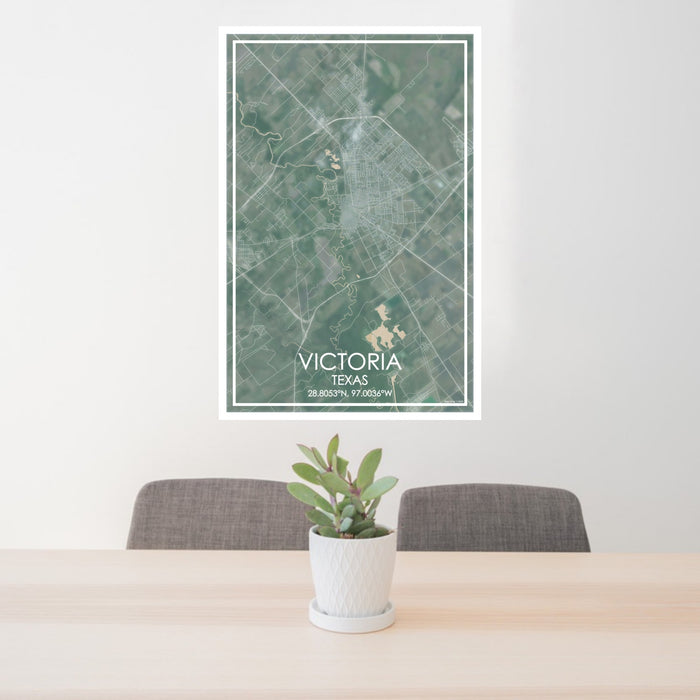 24x36 Victoria Texas Map Print Portrait Orientation in Afternoon Style Behind 2 Chairs Table and Potted Plant