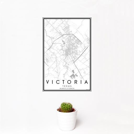 12x18 Victoria Texas Map Print Portrait Orientation in Classic Style With Small Cactus Plant in White Planter
