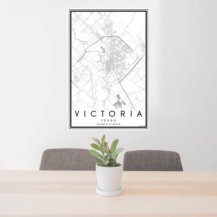 24x36 Victoria Texas Map Print Portrait Orientation in Classic Style Behind 2 Chairs Table and Potted Plant
