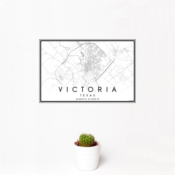 12x18 Victoria Texas Map Print Landscape Orientation in Classic Style With Small Cactus Plant in White Planter