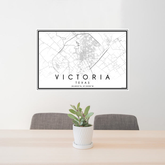 24x36 Victoria Texas Map Print Landscape Orientation in Classic Style Behind 2 Chairs Table and Potted Plant