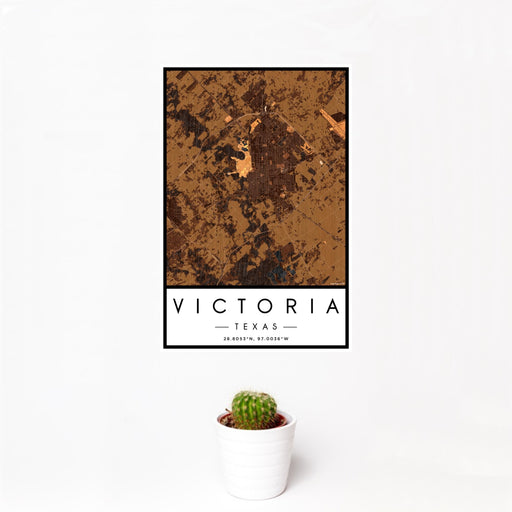 12x18 Victoria Texas Map Print Portrait Orientation in Ember Style With Small Cactus Plant in White Planter