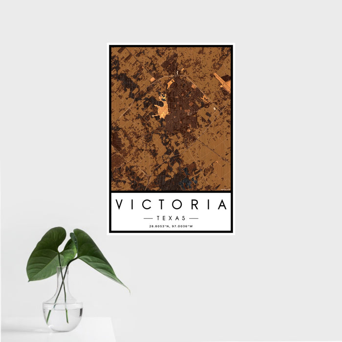 16x24 Victoria Texas Map Print Portrait Orientation in Ember Style With Tropical Plant Leaves in Water