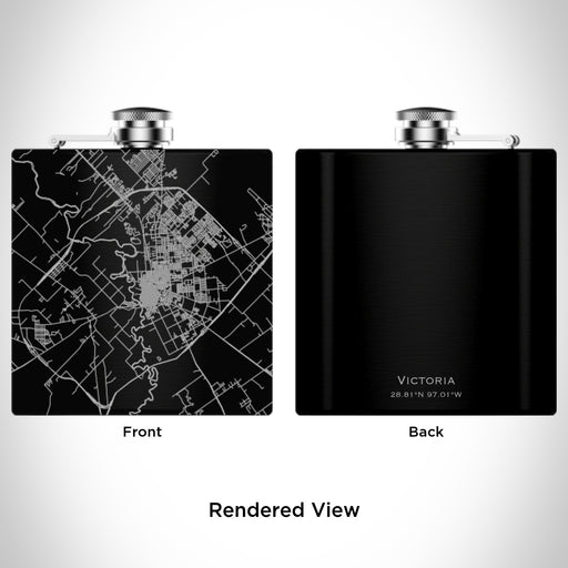 Rendered View of Victoria Texas Map Engraving on 6oz Stainless Steel Flask in Black