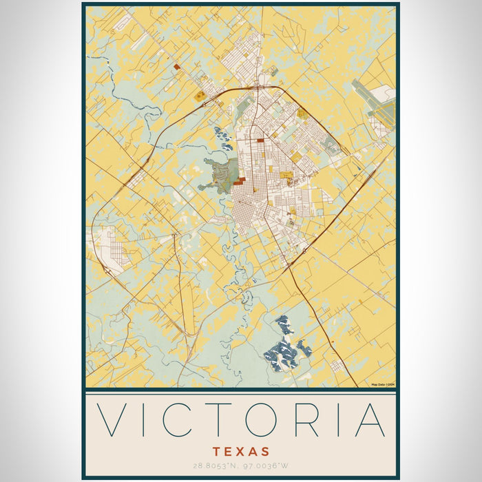 Victoria Texas Map Print Portrait Orientation in Woodblock Style With Shaded Background